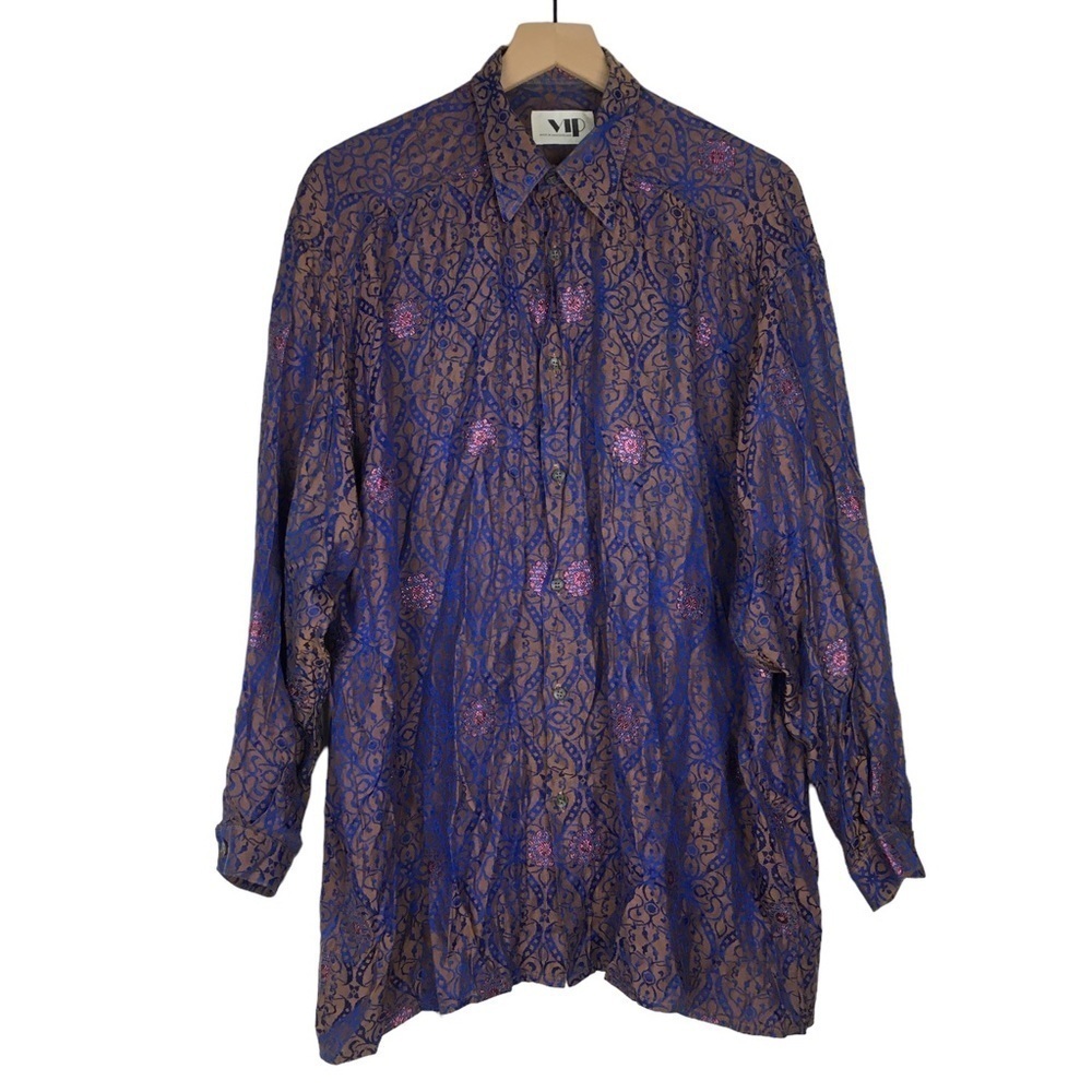 VINTAGE VIP Button Down Shirt Metallic Embroidered Shimmer Retro Funky Medium